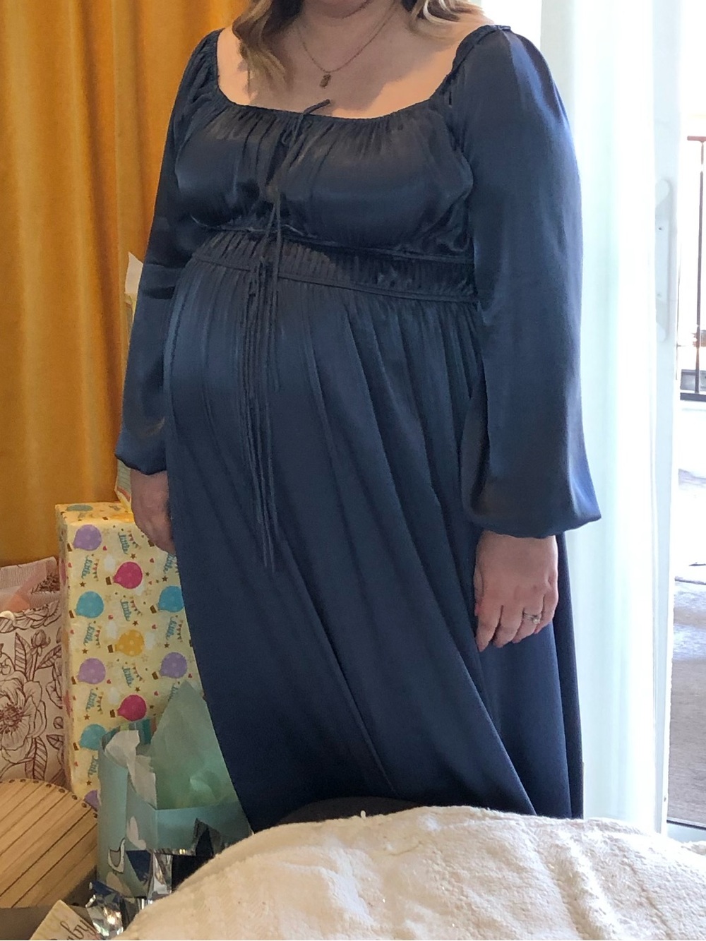 ARULA Slate Blue Long Sleeve Maxi Dress with Tie Waist